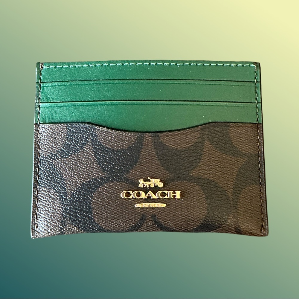 Coach Signature Card Case in Dark Brown and Green - Picture 3 of 6